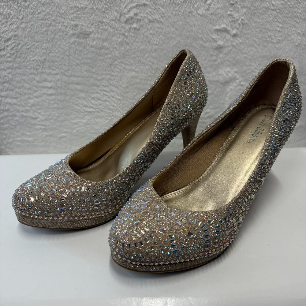 Silver Slipper Womens US 11W Heels Gold Romance Rhinestone Event Cinderella Diva
